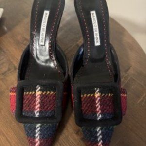 Manolo Blahnik Maysale 70 Plaid Mules Red Black , size 38 (8)